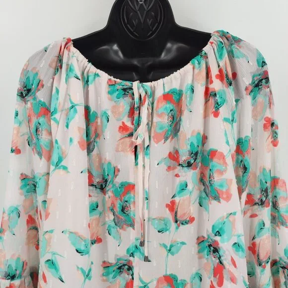 Kaari Blue Sz L Multi Pink Floral Santorini 3/4 Sleeve Ruffle Front Tie Top Lace - Picture 8 of 13